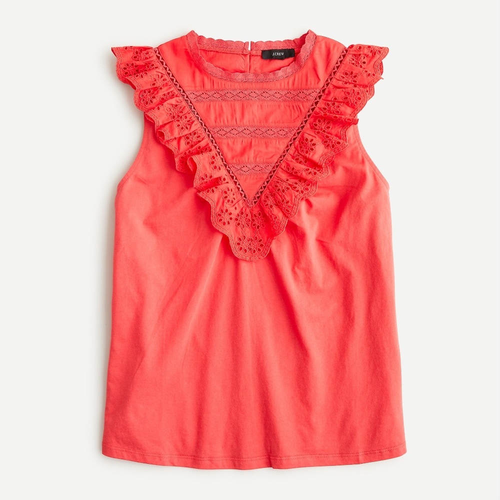 J Crew Moss Green Eyelet Cotton Ruffle Front Tank Top M - Picture 2 of 4